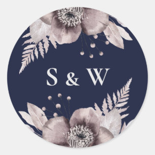 Rustic Navy Mauve Floral Botanical Wedding Classic Round Sticker