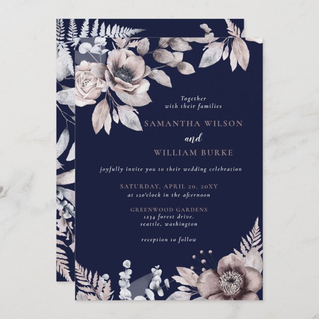 Rustic Navy Mauve Floral Botanical Wedding Invitation (Front/Back)