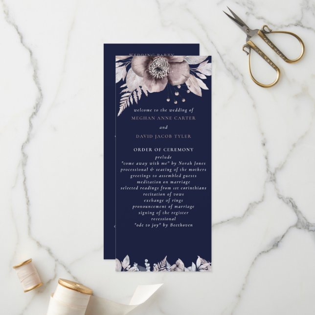 Rustic Navy Mauve Floral Botanical Wedding Program (Front/Back In Situ)