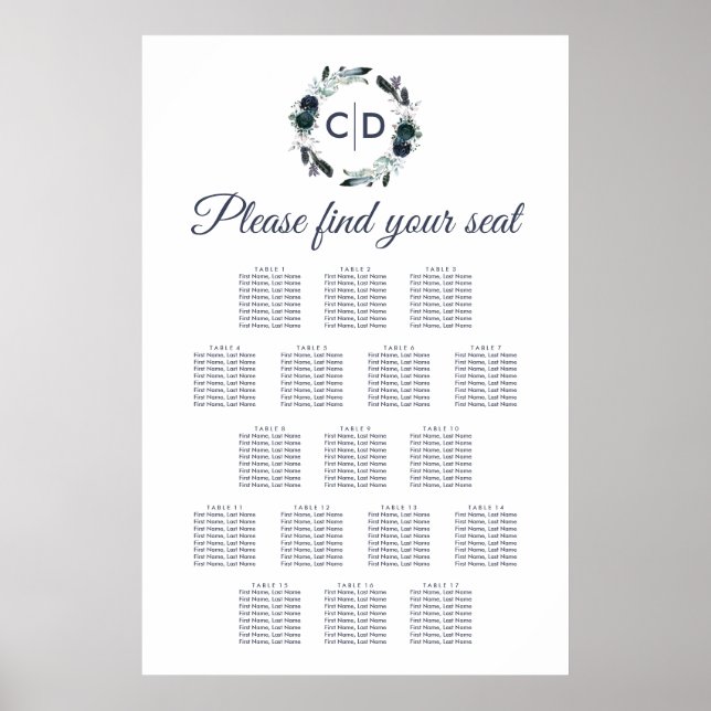 Rustic Navy Peony Wedding 17 Table Seating Chart (Front)