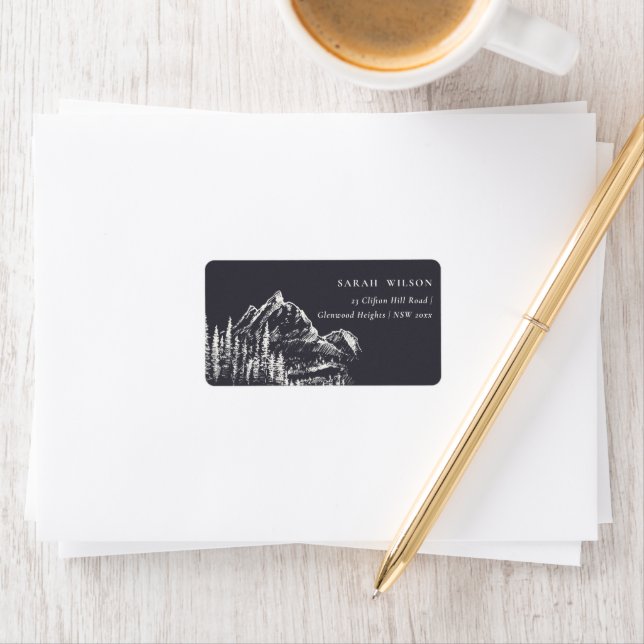 Rustic Navy Pine Woods Mountain Sketch Address Label (Insitu)
