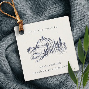 Rustic Navy Pine Woods Mountain Sketch Wedding Favour Tags