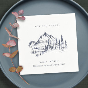 Rustic Navy Pine Woods Mountain Sketch Wedding Napkin