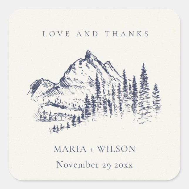 Rustic Navy Pine Woods Mountain Sketch Wedding Square Sticker (Front)
