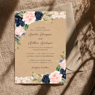 Rustic Navy Pink Floral Lace Wedding Invitation