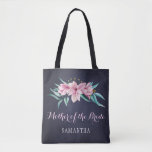 Rustic navy pink floral wedding mother of bride tote bag<br><div class="desc">Rustic elegant spring or summer wedding stylish bridesmaid / maid of honour / flower girl tote bag on dark midnight navy blue chalkboard featuring beautiful pink watercolor magnolias bouquets with mint green eucalyptus foliage. Personalize it with bridesmaid's name on the front and with bride's and groom's names and wedding date...</div>
