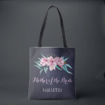 Rustic navy pink floral wedding mother of bride tote bag<br><div class="desc">Rustic elegant spring or summer wedding stylish bridesmaid / maid of honour / flower girl tote bag on dark midnight navy blue chalkboard featuring beautiful pink watercolor magnolias bouquets with mint green eucalyptus foliage. Personalize it with bridesmaid's name on the front and with bride's and groom's names and wedding date...</div>