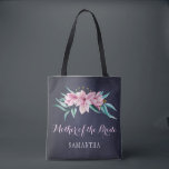 Rustic navy pink floral wedding mother of bride tote bag<br><div class="desc">Rustic elegant spring or summer wedding stylish bridesmaid / maid of honour / flower girl tote bag on dark midnight navy blue chalkboard featuring beautiful pink watercolor magnolias bouquets with mint green eucalyptus foliage. Personalize it with bridesmaid's name on the front and with bride's and groom's names and wedding date...</div>