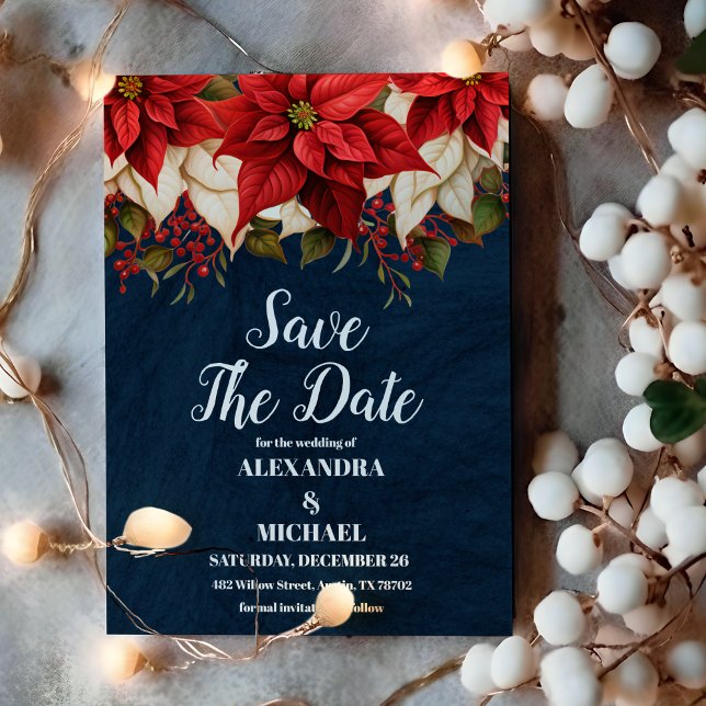 Rustic Navy Poinsettia Floral Christmas Wedding Save The Date (Creator Uploaded)
