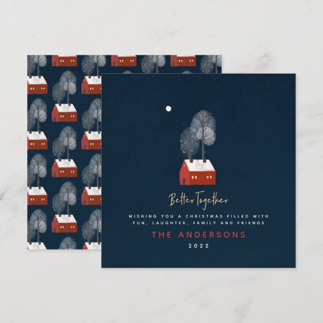 Rustic navy red scandi  traditional cosy Christmas Announcement (Front/Back)