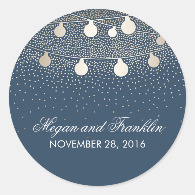 Rustic Navy String Lights Gold Glitter Wedding Classic Round Sticker (Front)