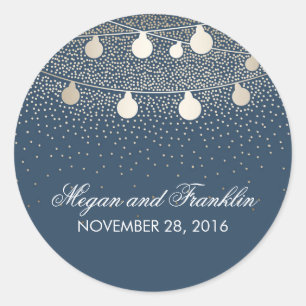 Rustic Navy String Lights Gold Glitter Wedding Classic Round Sticker