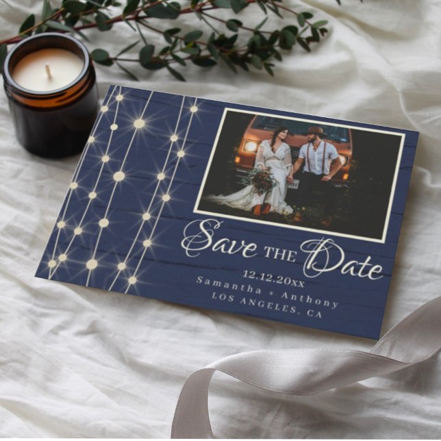 Rustic Navy String Lights Save the Date (Creator Uploaded)