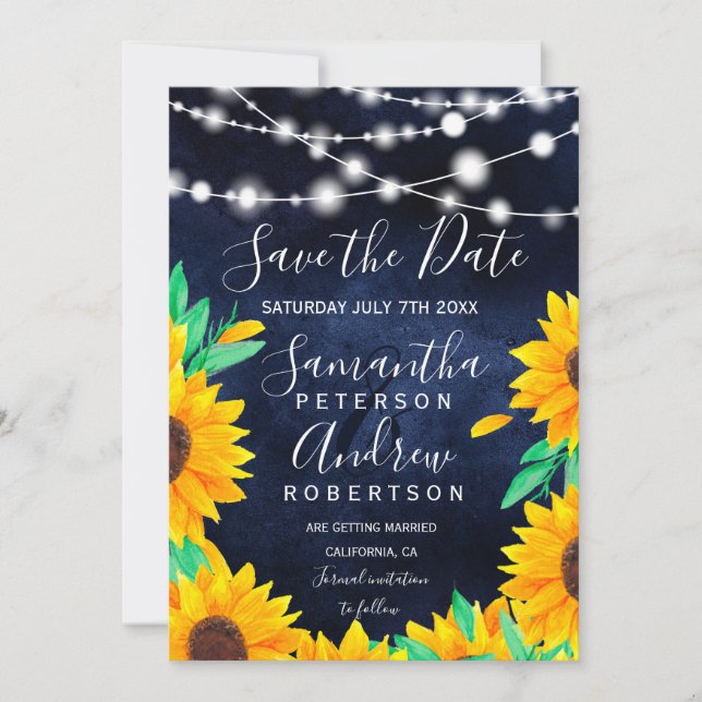 Rustic navy string lights save the date wedding (Front)