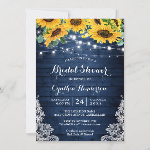 Rustic Navy String Lights Sunflowers Bridal Shower Invitation