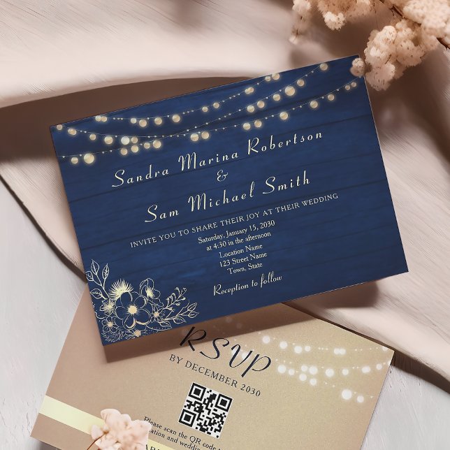 Rustic Navy String Lights Wedding Invite (Creator Uploaded)