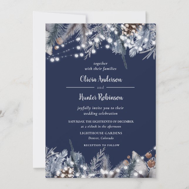 Rustic Navy String Lights Winter Wedding Invitatio Invitation (Front)