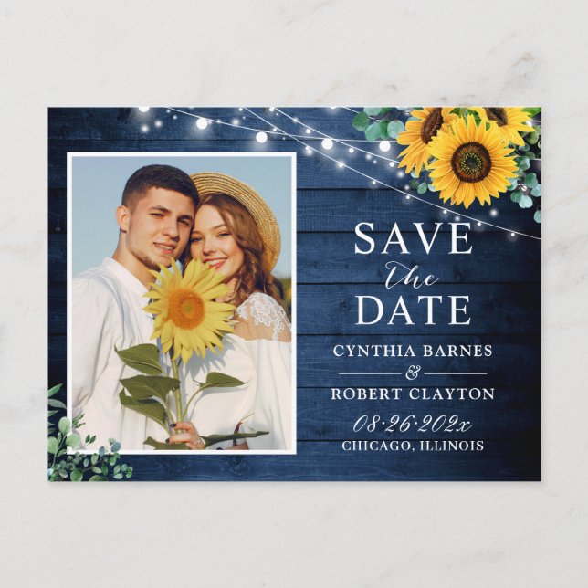 Rustic Navy Sunflower String Lights Save the Date Postcard (Front)