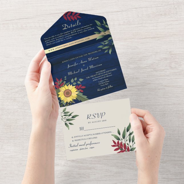 Rustic Navy Sunflower Wedding All In One Invitation (Tearaway)