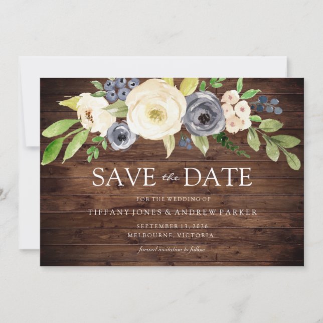 Rustic Navy & White Watercolor Flowers Wedding Save The Date (Front)
