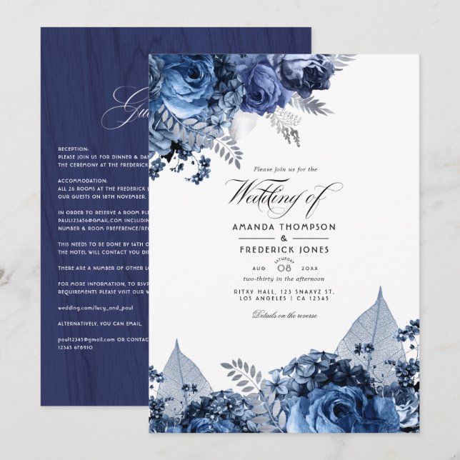 Rustic Navy & White with Silver Faux Foil Wedding Invitation (Front/Back)