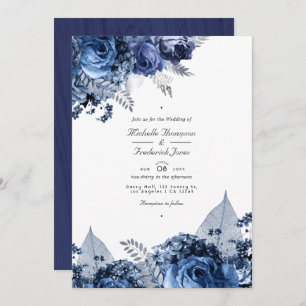 Rustic Navy & White with Silver QR Code Wedding Invitation