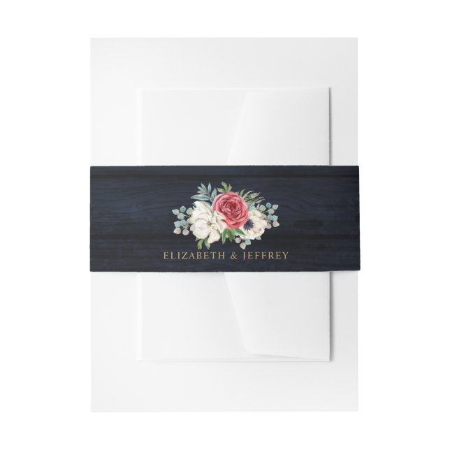 Rustic Navy Wood Elegant Red Floral White Wedding  Invitation Belly Band (Front Example)