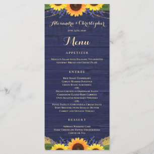 Rustic Navy Wood Lights Lace Sunflower Wedding Menu