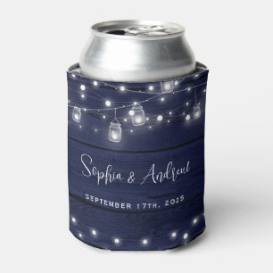 Rustic Navy Wood Mason Jars Lights Wedding Can Cooler