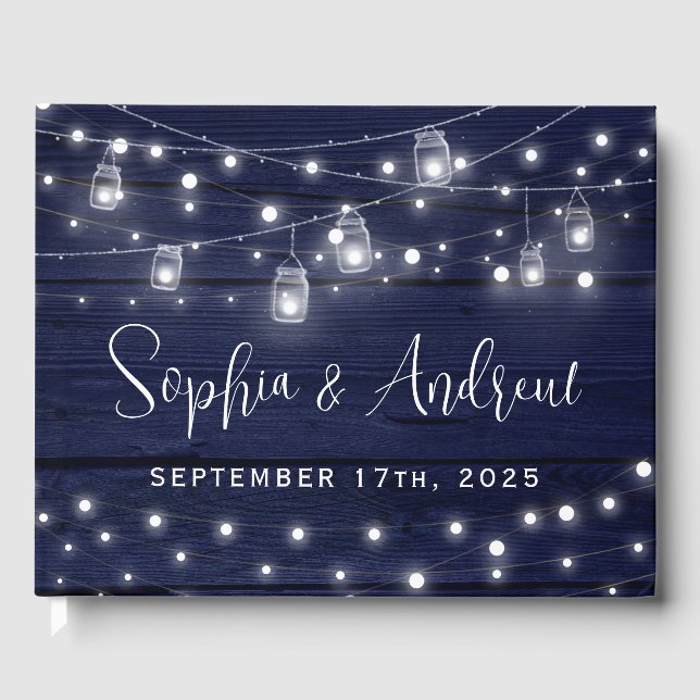 Rustic Navy Wood Mason Jars Lights Wedding Guest Book (Front)