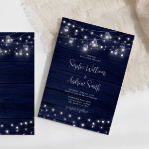 Rustic Navy Wood Mason Jars Lights Wedding Invitation