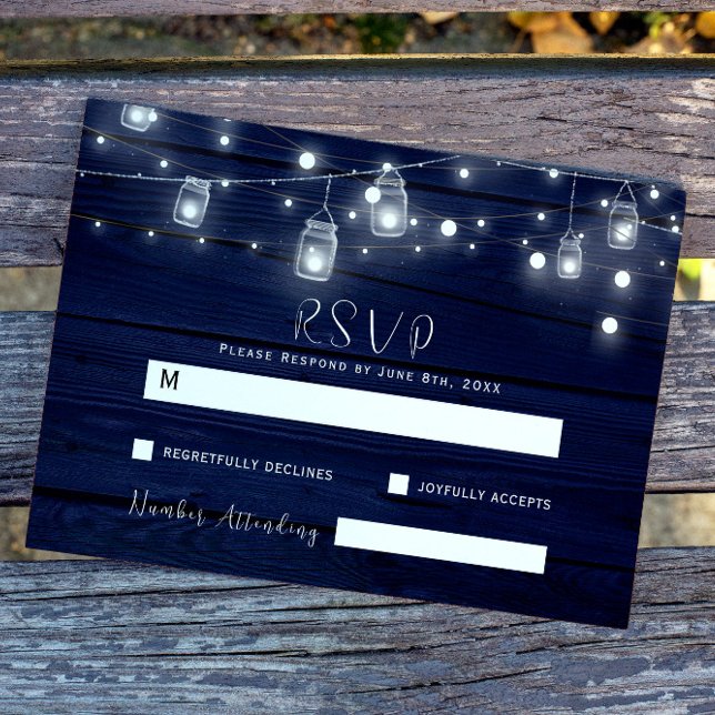 Rustic Navy Wood Mason Jars Lights Wedding RSVP Card (Creator Uploaded)