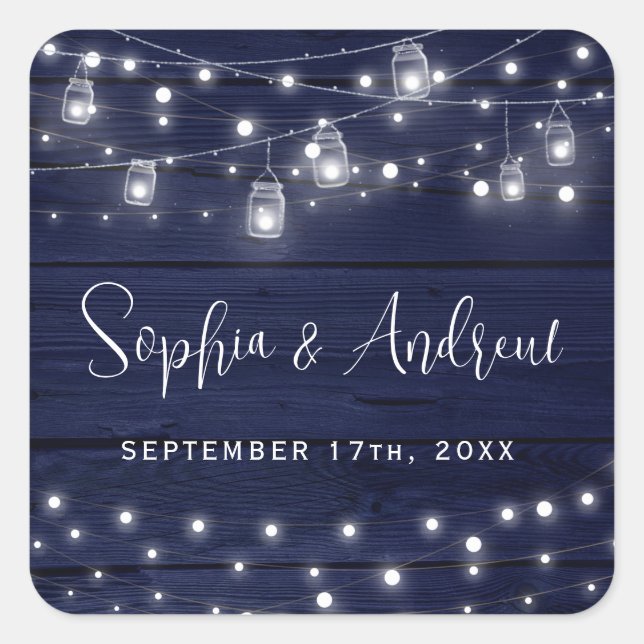 Rustic Navy Wood Mason Jars Lights Wedding Square Sticker (Front)