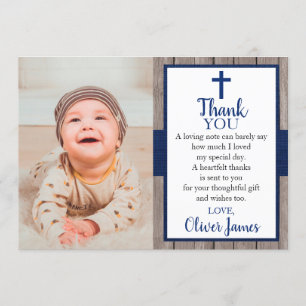Rustic Navy & Wood Photo Baptism Thank You Card