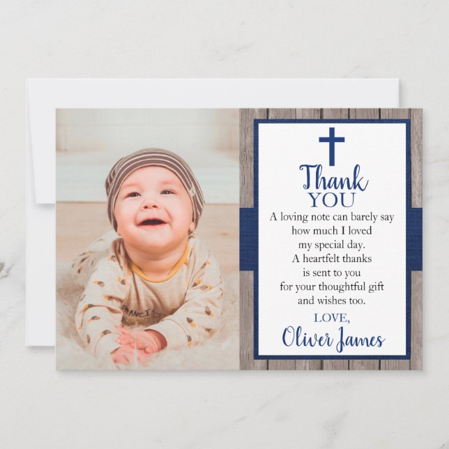 Rustic Navy & Wood Photo Carte de remerciements de (Devant)