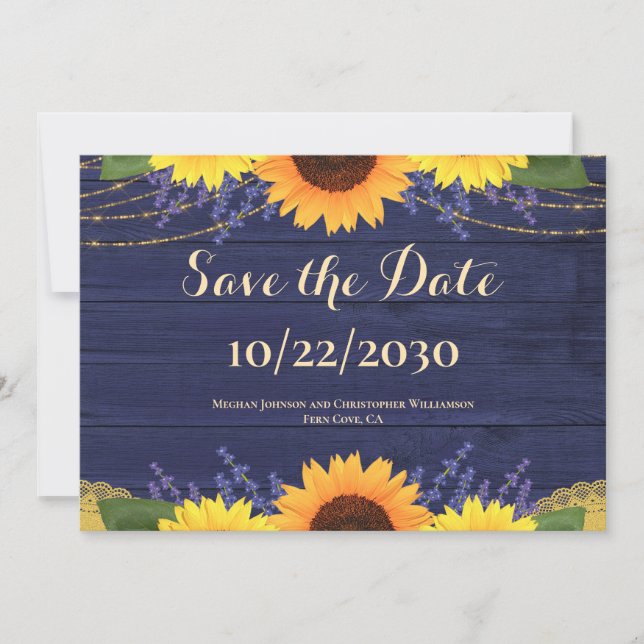 Rustic Navy Wood String Lights Sunflower Wedding Save The Date (Front)