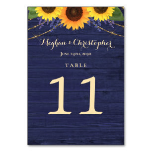 Rustic Navy Wood String Lights Sunflower Wedding Table Number