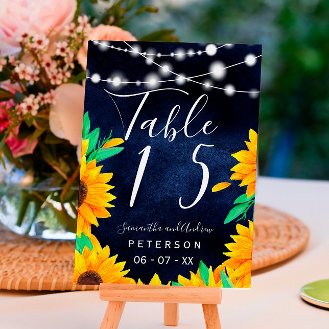 Rustic navy wood string lights sunflowers  table number (Creator Uploaded)