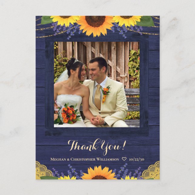 Rustic Navy Wood Sunflower Wedding Thank You Photo Postcard (Front)