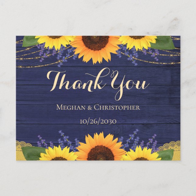 Rustic Navy Wood Sunflower Wedding Thank You Postcard (Front)