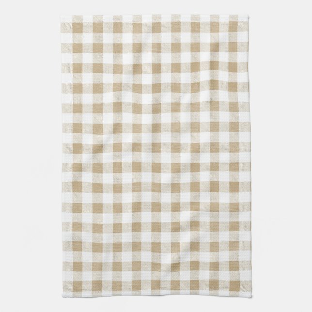 Rustic Neutral Beige Gingham Buffalo Plaid Kitchen Towel (Vertical)