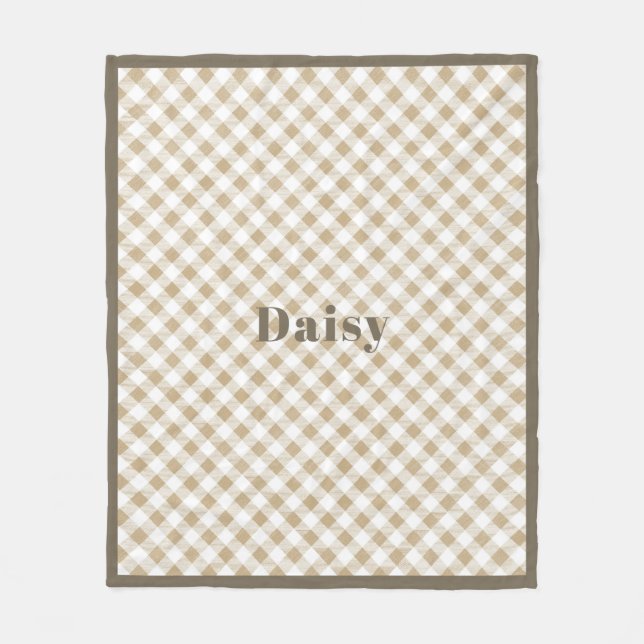 Rustic Neutral Beige Gingham Plaid Name  Fleece Blanket (Front)