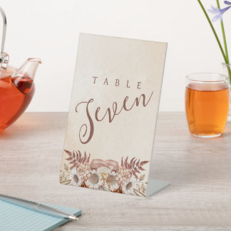 Rustic Neutral Boho Floral Table Number  Pedestal Sign