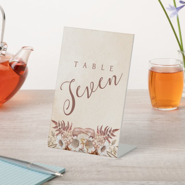 Rustic Neutral Boho Floral Table Number  Pedestal Sign (In SItu)