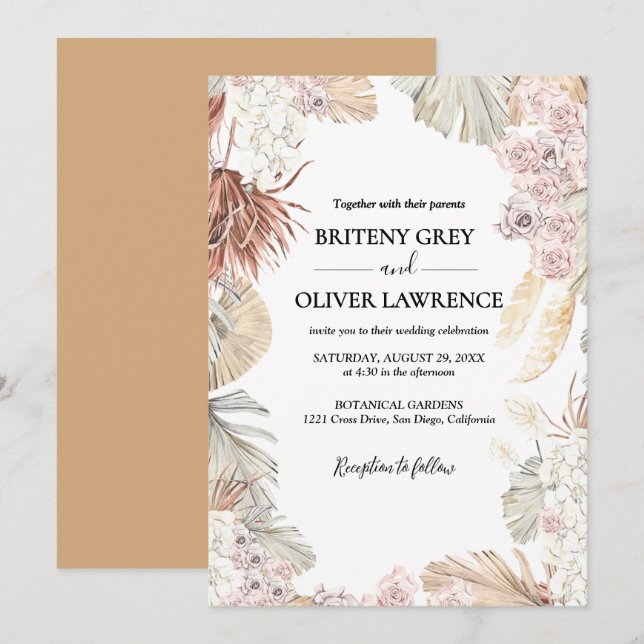 Rustic Neutral Boho Floral Wedding Invitation (Front/Back)