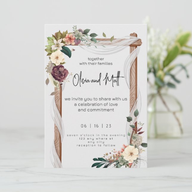 Rustic Neutral Boho Floral Wedding Invitation Rust (Standing Front)