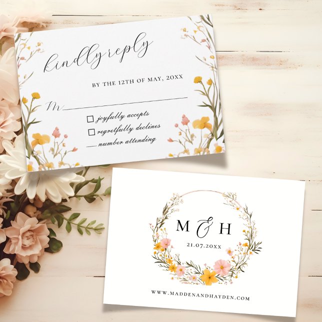 Rustic Neutral Boho Floral Wildflower Wedding RSVP Card (Creator Uploaded)