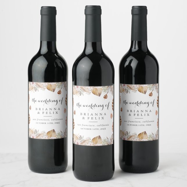Rustic Neutral Boho Wedding Wine Label (Bottles)