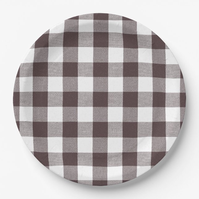 Rustic Neutral Brown White Gingham Buffalo Plaid  Paper Plate (Front)