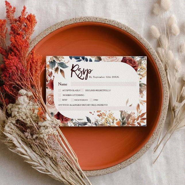 Rustic Neutral Burgundy Boho Fall Floral Wedding  RSVP Card (Rustic Neutral Burgundy Boho Fall Floral Wedding RSVP Card)
